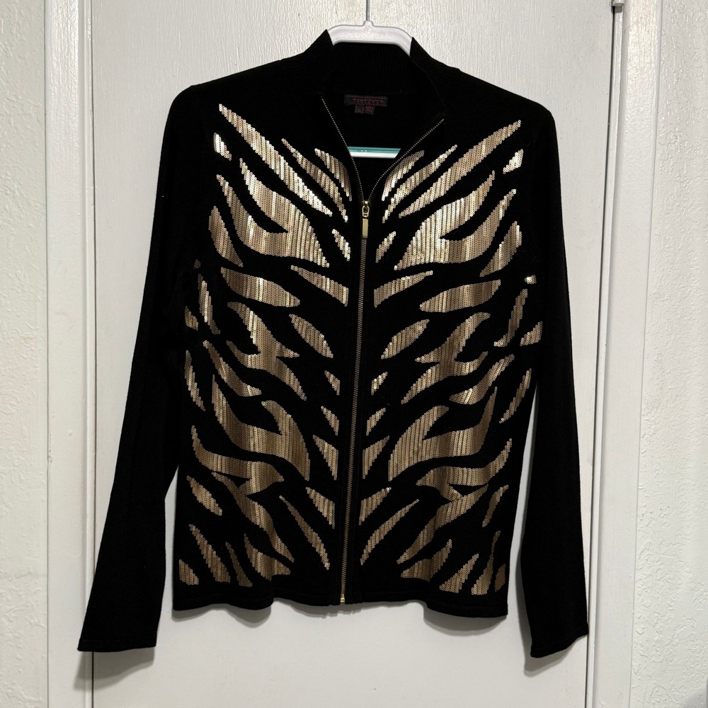 Fontana Womens XL Black Gold Sequin Tiger Stripe Zip Up Cardigan Sweater